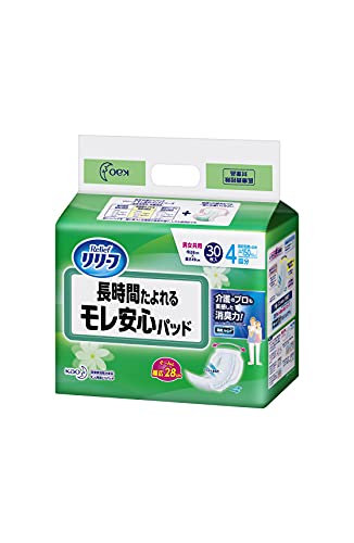 ・ 長時間(30枚) ・・Size:長時間(30枚)・「さらさら通気性シート」「抗菌消臭ケアシート」で肌への思いやり。おしっこ4回分。・(b)原産国 :(/b) 日本・(b)内容量 :(/b) 30枚・(b)商品サイズ (幅X奥行X高さ) :(/b) 240x145x315mm・(b)質量 :(/b) 1470g説明 商品紹介 「リリーフ 尿とりパッド 長時間さらさら30枚入」は、長時間のおしっこをたっぷり吸収する尿とりパッド。湿った空気をどんどん外へ逃し、ムレやカブレを防ぐさらさら通気性シートを採用。おしっこを逆戻りさせず、表面をサラサラに保ってかぶれを防ぎます。更に、排泄後時間と共に増える雑菌の繁殖を抑えてニオイを防ぐ、消臭ケアシートも採用しています。約3cmの高さに立ち上がってしっかり塞き止める、横モレ防止ギャザー付き。ズレ止めテープで、おむつをしっかり固定できます。30枚入り。 使用上の注意 [応急処置] 口の中に残っているもの、のどに詰まっているものがあれば、すぐに取り出してください。窒息のおそれがあります。 詰まっているものが取り出せない場合は、すぐに医師の診察を受けてください。 すでに飲み込んでしまった場合は、消化されずにそのまま排泄されますので、特に処置の必要はありません。 多量に食べてしまった場合、具合が悪くなった場合は、すぐに製品を持参して医師に相談してください。 商品に関するお問合せ・ご意見は「花王消費者相談室」0120-165-695 受付時間:9:00~17:00(土・日・祝日は除く) 原材料・成分 素材 表面剤:ポリオレフィン系付繊布、吸水材:綿状パルプ/吸収紙/アクリル系高分子吸水材、防水材:ポリエチレンフィルム、止着剤:粘着テープ、伸縮材:ポリウレタン、結合材:スチレン系エラストマー合成樹脂・ご注意（免責）必ずお読みください 商品について ・予告なくリニューアル等により商品及びパッケージ仕様・処方等が変更になる場合がございます。 画像についてのお断り ・画像および画面の性質上、実際のカラーとは異なる場合がございます。予めご了承願います。 ・乳幼児の手の届かないところに保管して下さい。