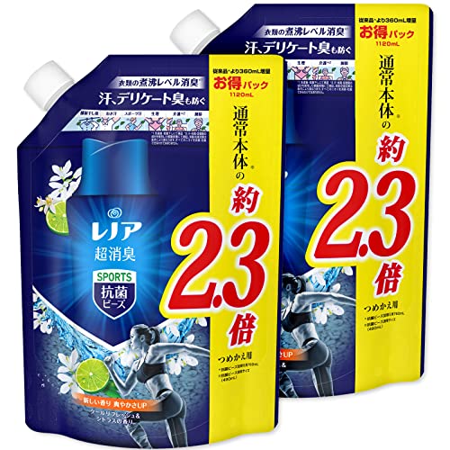 まとめ買い レノア 超消臭 抗菌ビーズ スポーツ クールリフレッシュ&シトラスの香り つめかえ用 特大 1120mL × 2個