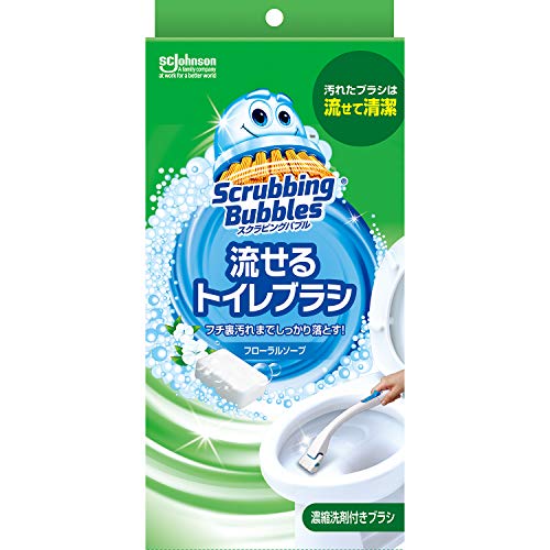 グリーン/5個アソート/659264・パッケージ個数:1・商品サイズ (幅×奥行×高さ) :127×50×261mm・内容量:1セット・材質:ハンドル組成:ABS樹脂、PP樹脂・ブラシ材質:セルロース、レーヨン、合成繊維・専用ホルダー組成:PP樹脂商品紹介 商品説明 「スクラビングバブル シャット流せるトイレブラシ ハンドル1本+ブラシ4コ」は、ハンドルに、洗剤成分を染み込ませた使い捨てブラシを取り付けて使うトイレ用ブラシです。ブラシはワンタッチでトイレに流せます。専用ホルダー付きなので、立てかけて保管できます。浄化槽トイレにもお使いいただけます。さわやかなブルーアクアの香り。 お問い合わせ先 ジョンソン株式会社 お問い合せ窓口:045-640-2111 使用方法 ●流せるトイレブラシの使い方 (1)ハンドルをカチッと音がするまで差し込んで組み立てます。 (2)青いつまみを矢印の方向へ押し、ヘッドの先を広げます。 (3)ハンドルの青い先端部に洗剤付きブラシを差し込み、青いつまみを矢印の方向に引きます。この時、ブラシをしっかり固定させるため、カチッと音がするまでつまみを引いてください。 (4)便器内を洗います。 (5)使用後、青いつまみを矢印の方向へ押すと、ブラシが外れます。便器に捨てて流すか、燃やせるゴミとして廃棄してください。 ●専用ホルダーの使い方 (1)台座部分の穴と背もたれ部分の2つのツメを合わせます。 (2)2つのツメを合わせたまま矢印の方向に3つ目のツメをカチットと音がするまで押し込みます。 (3)専用ホルダーを平らなところに置き、ハンドルを立てかけて保管してください。 使用上の注意 ●用途以外に使用しない。 ●子供の手の届く所に置かない。 ●手荒れの気になる方や長時間使用する場合は、ゴム製などの手袋を使う。 ●金属綿、プラスチック綿、ガラス面、木部などには使わない。 ●つまりを避けるため、ブラシは1個ずつ流す。 ●洗剤付きブラシは箱と一緒に保管する。 品質表示 ハンドル組成:ABS樹脂、PP樹脂 ブラシ材質:セルロース、レーヨン、合成繊維 液性:中性 成分:界面活性剤、防腐剤 専用ホルダー組成:PP樹脂・原材料・成分 界面活性剤、防腐剤 使用方法 使用方法/　専用ハンドル（本体）をご使用ください。 白いパウチの端をはさみで切ります。 中の洗剤付きブラシを取り出します。ブラシは4コ入っています。 4コのブラシが1ブロックになっています。1コずつ切り離して使います。残りのブラシはもとの袋に入れ、保管してください。 ブラシは複数のシートを重ねたものです。ブラシが薄いと、ハンドルにブラシがはさめなかったり、使用中に外れたりすることがあります。 洗剤付きブラシをハンドルに取り付けます。ハンドルの青いつまみを先端方向へ押すと、ハンドル先端のヘッドの先が広がります。ブラシを差込み、青いつまみを手元の方向へ引きます。この時、ブラシをしっかり固定するためカチッと音がするまでつまみを引いてください。 使用後、青いつまみを先端方向へ押すと、ブラシが外れます。便器に捨てて流すか、燃やせるゴミとして廃棄してください。 使用上の注意/　 ●用途以外に使用しない。人体に使用しない。 ●子供やペットが触れる所に置かない。 ●目に刺激があるので、使用中に液が目に入らないように注意する。 ●衣服につかないように注意する。 ●他の洗剤と併用しない。 ●手荒れの気になる方や長時間使用する場合は、ゴム製などの手袋を使う。 ●使用後は手を洗う。 ●金属面、プラスチック面、ガラス面、木部などには使わない。 ●つまりを避けるため、ブラシは1コずつ流す。