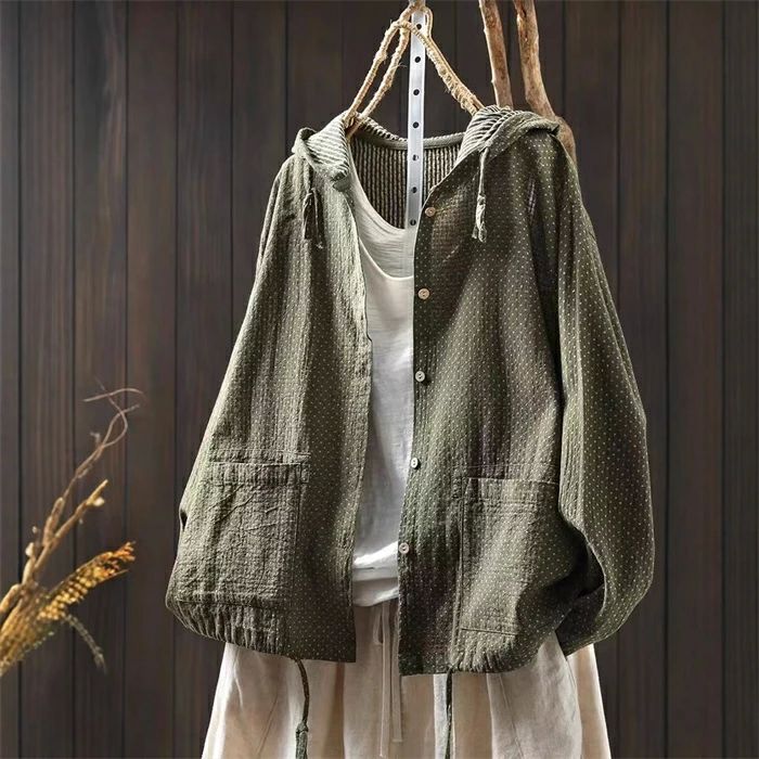 パーカー レディース 長袖 ダブルガーゼ パーカー ドット柄 ボタン ガーゼパーカー ガーゼカーディガン 前開き フード付き