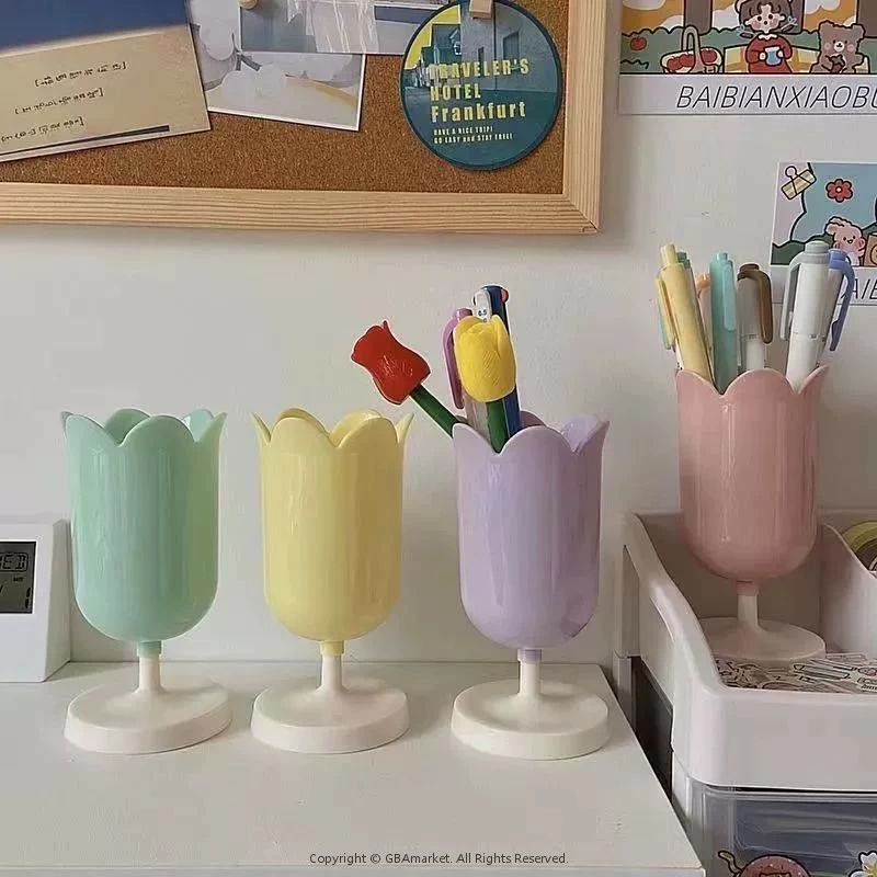 チューリップ 4点セット ペンカップ 筆筒 ペンケース 筆箱 小物入れ ペンスタンド ツールスタンド パステルカラー メイ