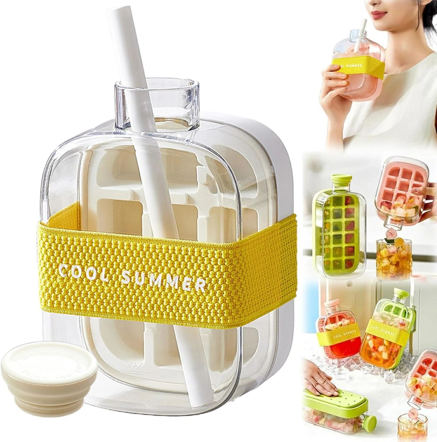 ウィ 持ち運びが簡単 氷の作りも取り出しも簡単 水漏れなし 製氷器 蓋とストロー付き 2in1】製氷皿と水筒がひとつに 【2025最新