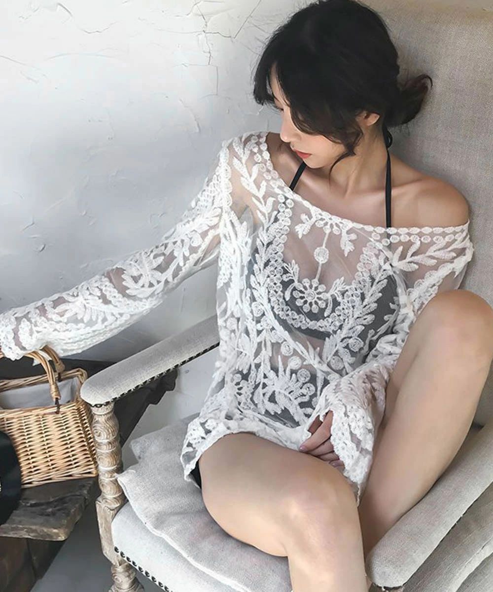 クロシェ編み込み 水着の上に着るラッシュガード ビキニカバーアップ 日焼け防止 レディース