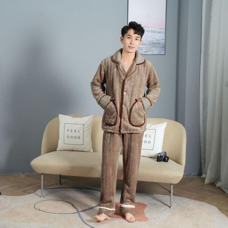 青年 襟付き 長ズボン 長袖 秋冬 上下セット 寝間着 部屋着 珊瑚マイヤー 厚手 あったか フランネル 男..