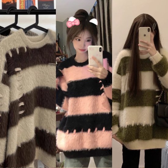 体型カバー トップス ボーダーニット ダボっと感 レディースファッション 大人可愛い ラウンドネック カジュアル お洒落 20代 ト(4)