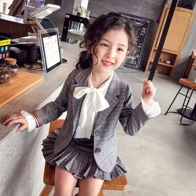 女の子 スーツ 3点セット フォーマル チェック柄 キッズ 長袖 コート スカート 結婚式 入学式 卒園式