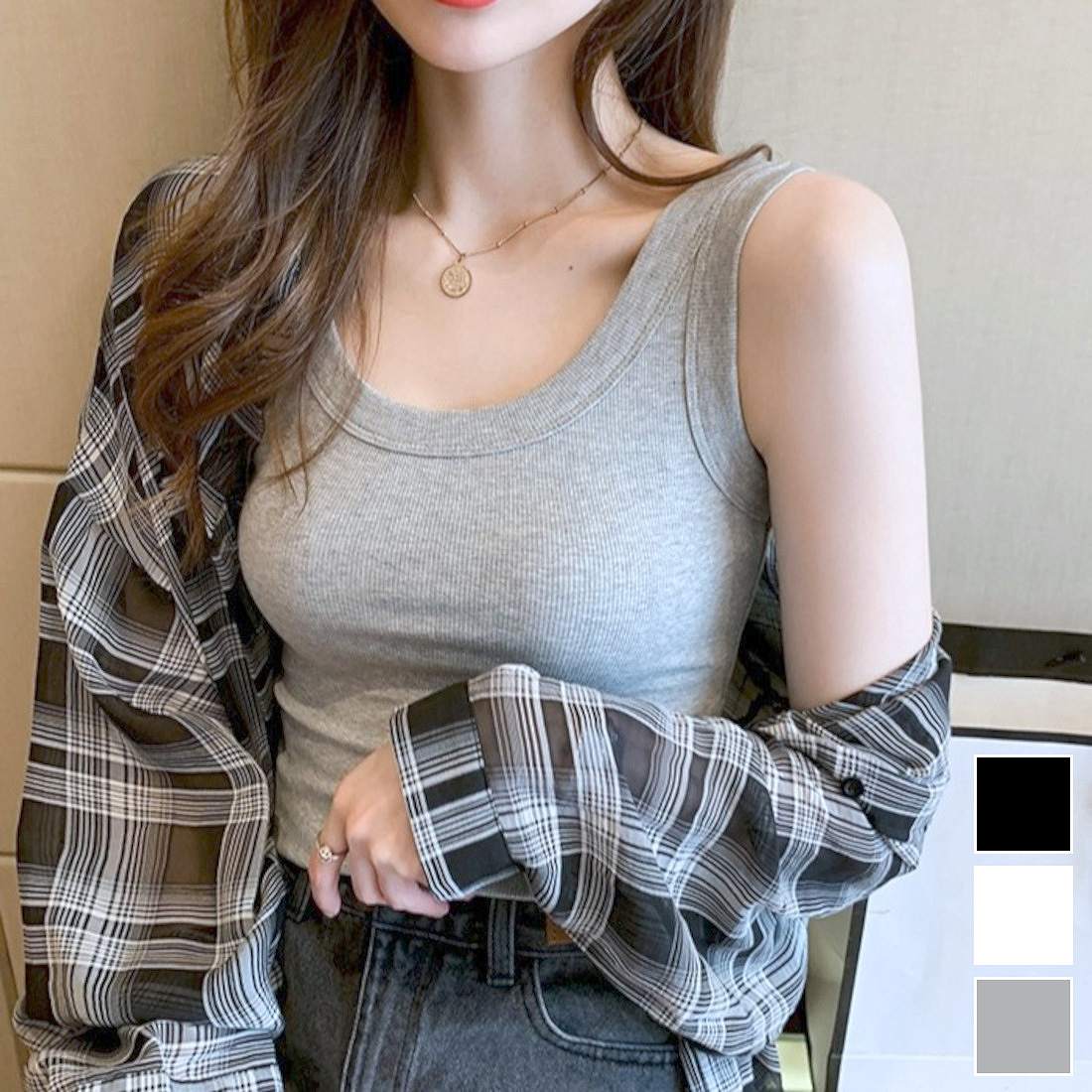 ク リブ ストレッチ 伸縮性 レイヤード インナー トップス 肌着 スリム フィット 美デコルテ シンプル 無地 カジュアル キレイめ