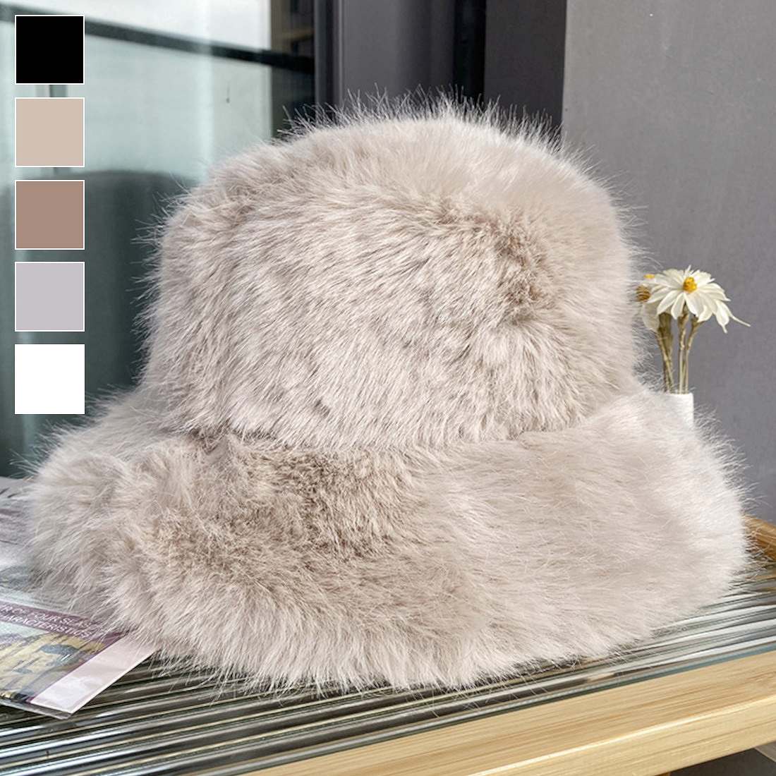 小顔効果 女子会 旅行 おでかけ 夏 レディース カラフル ワンカラー 華やか ボリューム ふわふわ フェイクファー ハット ハット