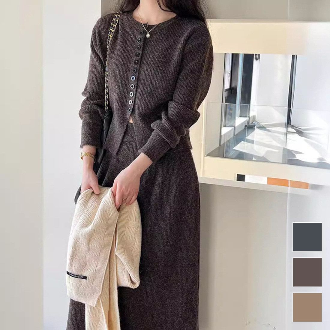 クルーネック リブニット スタイルアップ デイリーユース キレイめコーデ フェミニン 夏 ロング丈 フルレングス フレアスカート