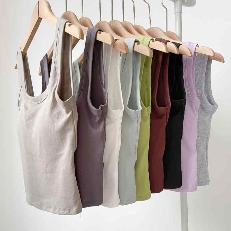 タンクトップ トップス コーヒーカラー グリーン 快適 ブラック リブ ホワイト 中丈 カップ付き 伸縮性 一体型ブラ