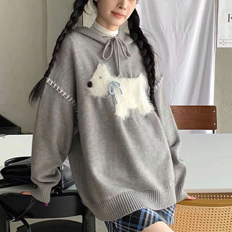 ゆったり かわいい 長袖 レディース 秋 冬 フード付き パーカー セーター 犬柄 トップス プルオーバー