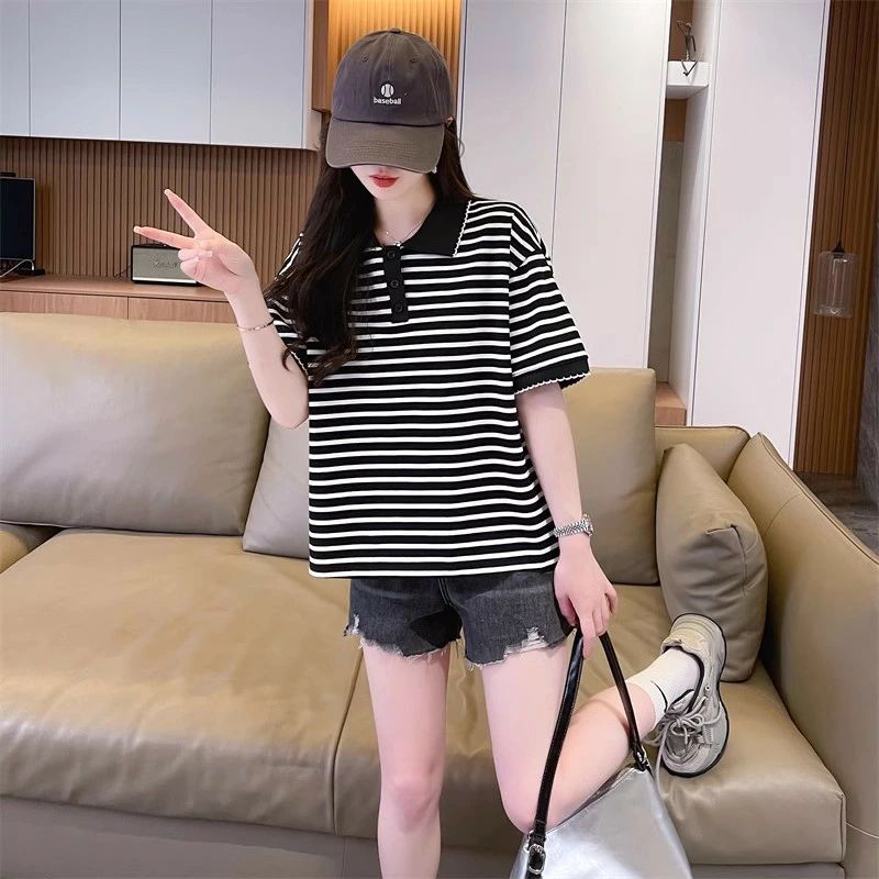 夏服 女性用 スポーツ 大きいサイズ 韓国風 ゆったり カットソー トップス ボーダー柄 レディース 半袖Tシャツ ポロシャツ