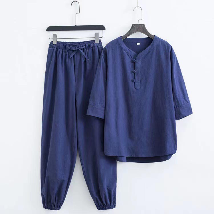 半袖 じんべい おしゃれ 2点セット 甚平 涼しい 麻 男性 上下セット ヘンリーネック 綿麻 パジャマ メンズ 綿麻甚平 リネン