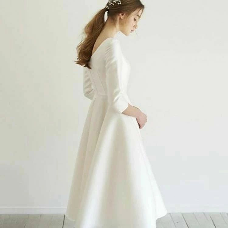 ホワイト 白 大きいサイズ サテン ミモレ丈 二次会 お呼ばれ 結婚式ドレス 結婚式ワンピース 袖あり パーティードレス