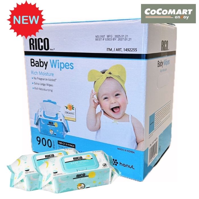 【NEW】 コストコ リコ ベビーワイプ おしりふき 900枚入り 新しくなりました 1000枚入×9パック RICO 赤ちゃん用品 BABY Wipes 大容量 蓋付き 個包装 Costco 大判 厚手 無香料のサムネイル