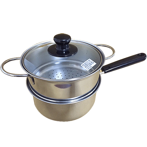 【廃盤商品大特価 数量限定】　日本製ステンレス片手二段蒸し器18cm　/　ST-18SK　ステンレス二段蒸し器　格安片手二段蒸し器　ガラス蓋　SGマーク　IH200V対応　二段蒸し器　ミニ二段蒸し器　日本製　【送料無料】のサムネイル