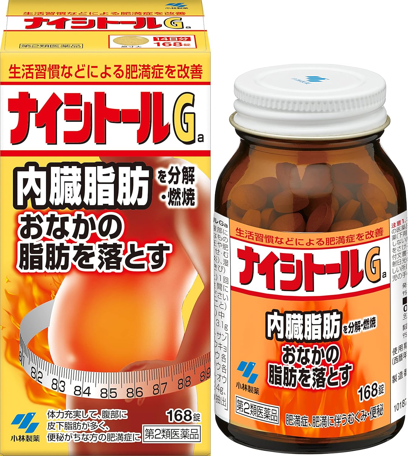 商品名 ナイシトールGa 内容量 168錠 商品説明 このお薬は、体に脂肪がつきすぎた、いわゆる脂肪太りで、 特におなかに脂肪がたまりやすい方、便秘がちな方に適しています。 ●3100mgの有効成分（防風通聖散エキス）が、おなかの脂肪の分解・燃焼を促します ●生活習慣などによる肥満症や、高血圧や肥満に伴うむくみ・便秘の改善に効果があります 効能・効果 体力充実して、腹部に皮下脂肪が多く、便秘がちなものの次の諸症：肥満症、高血圧や肥満に伴う動悸・肩こり・のぼせ・むくみ・便秘、蓄膿症（副鼻腔炎）、湿疹・皮ふ炎、ふきでもの（にきび） 用法・用量 次の量を食前又は食間に水又はお湯で服用してください。 [年齢：1回量：服用回数] 大人(15才以上)：4錠：1日3回 15才未満：服用しないこと 用法・用量に関連する注意 (1)定められた用法・用量を厳守すること (2)吸湿しやすいため、服用のつどキャップ（84錠はチャック）をしっかりしめること ・食間とは「食事と食事の間」を意味し、食後約2～3時間のことをいいます 成分・分量 1日量(12錠)中 防風通聖散エキス(62％量)：3.1g (トウキ：0.74g、シャクヤク：0.74g、センキュウ：0.74g、サンシシ：0.74g、レンギョウ：0.74g、ハッカ：0.74g、ショウキョウ：0.74g、ケイガイ：0.74g、ボウフウ：0.74g、マオウ：0.74g、ダイオウ：0.93g、無水ボウショウ：0.93g、ビャクジュツ：1.24g、キキョウ：1.24g、オウゴン：1.24g、カンゾウ：1.24g、セッコウ：1.24g、カッセキ：1.86g より抽出) 添加物として、無水ケイ酸、ケイ酸Al、CMC-Ca、ステアリン酸Mg、トウモロコシデンプンを含有する。 ・本剤は天然物（生薬）を用いているため、錠剤の色が多少異なることがあります 使用上の注意 してはいけないこと (守らないと現在の症状が悪化したり、副作用が起こりやすくなる) 1.本剤を服用している間は、次の医薬品を服用しないこと 他の瀉下薬(下剤) 2.授乳中の人は本剤を服用しないか、本剤を服用する場合は授乳をさけること 相談すること 1.次の人は服用前に医師、薬剤師又は登録販売者に相談すること (1)医師の治療を受けている人 (2)妊婦又は妊娠していると思われる人 (3)体の虚弱な人(体力の衰えている人、体の弱い人) (4)胃腸が弱く下痢しやすい人 (5)発汗傾向の著しい人 (6)高齢者 (7)今までに薬などにより発疹・発赤、かゆみ等を起こしたことがある人 (8)次の症状のある人 むくみ、排尿困難 (9)次の診断を受けた人 高血圧、心臓病、腎臓病、甲状腺機能障害 2.服用後、次の症状があらわれた場合は副作用の可能性があるので、直ちに服用を中止し、このパッケージを持って医師、薬剤師又は登録販売者に相談すること [関係部位：症状] 皮ふ：発疹・発赤、かゆみ 消化器：吐き気・嘔吐、食欲不振、胃部不快感、腹部膨満、はげしい腹痛を伴う下痢、腹痛 精神神経系：めまい その他：発汗、動悸、むくみ、頭痛 まれに下記の重篤な症状が起こることがある。その場合は直ちに医師の診療を受けること [症状の名称：症状] 間質性肺炎：階段を上ったり、少し無理をしたりすると息切れがする・息苦しくなる、空せき、発熱等がみられ、これらが急にあらわれたり、持続したりする 偽アルドステロン症、ミオパチー：手足のだるさ、しびれ、つっぱり感やこわばりに加えて、脱力感、筋肉痛があらわれ、徐々に強くなる 肝機能障害：発熱、かゆみ、発疹、黄だん(皮ふや白目が黄色くなる)、褐色尿、全身のだるさ、食欲不振等があらわれる 腸間膜静脈硬化症：長期服用により、腹痛、下痢、便秘、腹部膨満感が繰り返しあらわれる 3.服用後、次の症状があらわれることがあるので、このような症状の持続又は増強が見られた場合には、服用を中止し、このパッケージを持って医師、薬剤師又は登録販売者に相談すること：下痢、便秘 4.1ヶ月位(便秘に服用する場合には1週間位)服用しても症状がよくならない場合は服用を中止し、このパッケージを持って医師、薬剤師又は登録販売者に相談すること 5.長期連用する場合には、医師、薬剤師又は登録販売者に相談すること 保管及び取扱い上の注意 (1)直射日光の当たらない湿気の少ない涼しい所にチャックをしっかりしめて保管すること (2)小児の手の届かない所に保管すること (3)他の容器に入れ替えないこと(誤用の原因になったり品質が変わる) (4)本剤をぬれた手で扱わないこと 発売元・メーカー 小林製薬株式会社 〒541-0045 大阪市中央区道修町4-4-10 製造販売元：小林製薬株式会社 〒567-0057 大阪府茨木市豊川1-30-3 小林製薬 お客様相談室 0120-5884-01 9：00-17：00(土・日・祝日を除く) 区分・原産国 第2類医薬品・日本 広告文責 株式会社ライズコーポレーション TEL:03-5542-1285