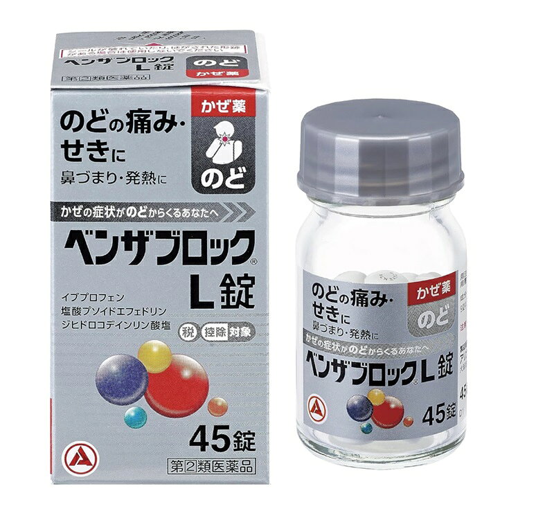 ■ご注意：指定第2類医薬品をご購入の方へ 本品は指定第2類医薬品です。使用上の注意（禁忌）を必ずご確認ください。 ご不明な点がありましたら当店の薬剤師、または登録販売者までご相談ください。 商品名 ベンザブロックL錠 内容量 45錠 商品説明 ●イブプロフェンの解熱・鎮痛作用により、のどの痛み・発熱などを緩和します。 ●ジヒドロコデインリン酸塩がせき中枢に働き、せきを緩和します。 ●塩酸プソイドエフェドリンが鼻粘膜の充血を抑え、鼻づまりを緩和します。 ●5種の成分がバランスよくはたらいて、かぜのいろいろな症状を緩和します。 ●のみやすい小型の白い円形の錠剤です。 効果・効能 かぜの諸症状（のどの痛み、発熱、鼻づまり、鼻水、悪寒、頭痛、関節の痛み、筋肉の痛み、せき、くしゃみ）の緩和 用法・用量 次の量を、食後なるべく30分以内に、水またはお湯で、かまずに服用すること。 (年齢：1回量：1日服用回数) 15歳以上：3錠：3回 15歳未満：服用しないこと 用法・用量に関連する注意 ・用法・用量を厳守すること。 成分・分量 9錠中（15歳以上の1日服用量中） イブプロフェン：450mg 塩酸プソイドエフェドリン：135mg クロルフェニラミンマレイン酸塩：7.5mg ジヒドロコデインリン酸塩：24mg 無水カフェイン：75mg 添加物：乳糖水和物、クロスカルメロースNa、ヒドロキシプロピルセルロース、セルロース、ステアリン酸Mg、トウモロコシデンプン、ヒプロメロース、酸化チタン、コポリビドン、タルク 使用上の注意 してはいけないこと （守らないと現在の症状が悪化したり、副作用・事故が起こりやすくなる） 1．次の人は服用しないこと (1)本剤または本剤の成分によりアレルギー症状を起こしたことがある人。 (2)本剤または他のかぜ薬、解熱鎮痛薬を服用してぜんそくを起こしたことがある人。 (3)15歳未満の小児。 (4)出産予定日12週以内の妊婦。 (5)次の症状のある人。 前立腺肥大による排尿困難 (6)次の診断を受けた人。 高血圧、心臓病、甲状腺機能障害、糖尿病 2．本剤を服用している間は、次のいずれの医薬品も使用しないこと 他のかぜ薬、解熱鎮痛薬、鎮静薬、鎮咳去痰薬、抗ヒスタミン剤を含有する内服薬等（鼻炎用内服薬、乗り物酔い用薬、アレルギー用薬、催眠鎮静薬等） 3．服用後、乗り物または機械類の運転操作をしないこと （眠気等があらわれることがあります。） 4．授乳中の人は本剤を服用しないか、本剤を服用する場合は授乳を避けること 5．服用前後は飲酒しないこと 6．5日を超えて服用しないこと 相談すること 1．次の人は服用前に医師、薬剤師または登録販売者に相談すること (1)医師または歯科医師の治療を受けている人。 (2)妊婦または妊娠していると思われる人。 (3)高齢者。 (4)薬などによりアレルギー症状を起こしたことがある人。 (5)次の症状のある人。 高熱、排尿困難 (6)次の診断を受けた人。 肝臓病、腎臓病、緑内障、全身性エリテマトーデス、混合性結合組織病、呼吸機能障害、閉塞性睡眠時無呼吸症候群、肥満症 (7)次の病気にかかったことのある人。 胃・十二指腸潰瘍、潰瘍性大腸炎、クローン病 (8)モノアミン酸化酵素阻害剤（セレギリン塩酸塩等）で治療を受けている人。 (9)かぜ薬、鎮咳去痰薬、鼻炎用内服薬等により、不眠、めまい、脱力感、ふるえ、動悸を起こしたことがある人。 2．服用後、次の症状があらわれた場合は副作用の可能性があるので、直ちに服用を中止し、この文書を持って医師、薬剤師または登録販売者に相談すること ［関係部位：症状］ 皮膚：発疹・発赤、かゆみ、青あざができる 消化器：吐き気・嘔吐、食欲不振、胃部不快感、胃痛、口内炎、胸やけ、胃もたれ、胃腸出血、腹痛、下痢、血便 精神神経系：めまい、不眠、神経過敏、けいれん 循環器：動悸 呼吸器：息切れ 泌尿器：排尿困難 その他：目のかすみ、耳なり、むくみ、鼻血、歯ぐきの出血、出血が止まりにくい、出血、背中の痛み、過度の体温低下、からだがだるい、顔のほてり、のぼせ まれに下記の重篤な症状が起こることがある。その場合は直ちに医師の診療を受けること。 ショック（アナフィラキシー）：服用後すぐに、皮膚のかゆみ、じんましん、声のかすれ、くしゃみ、のどのかゆみ、息苦しさ、動悸、意識の混濁等があらわれる。 皮膚粘膜眼症候群（スティーブンス・ジョンソン症候群）、中毒性表皮壊死融解症、急性汎発性発疹性膿疱症：高熱、目の充血、目やに、唇のただれ、のどの痛み、皮膚の広範囲の発疹・発赤、赤くなった皮膚上に小さなブツブツ（小膿疱）が出る、全身がだるい、食欲がない等が持続したり、急激に悪化する。 肝機能障害：発熱、かゆみ、発疹、黄疸（皮膚や白目が黄色くなる）、褐色尿、全身のだるさ、食欲不振等があらわれる。 腎障害：発熱、発疹、尿量の減少、全身のむくみ、全身のだるさ、関節痛（節々が痛む）、下痢等があらわれる。 無菌性髄膜炎：首すじのつっぱりを伴った激しい頭痛、発熱、吐き気・嘔吐等があらわれる（このような症状は、特に全身性エリテマトーデスまたは混合性結合組織病の治療を受けている人で多く報告されている）。 間質性肺炎：階段を上ったり、少し無理をしたりすると息切れがする・息苦しくなる、空せき、発熱等がみられ、これらが急にあらわれたり、持続したりする。 ぜんそく：息をするときゼーゼー、ヒューヒューと鳴る、息苦しい等があらわれる。 無菌性髄膜炎：首すじのつっぱりを伴った激しい頭痛、発熱、吐き気・嘔吐等があらわれる（このような症状は、特に全身性エリテマトーデスまたは混合性結合組織病の治療を受けている人で多く報告されている）。 再生不良性貧血：青あざ、鼻血、歯ぐきの出血、発熱、皮膚や粘膜が青白くみえる、疲労感、動悸、息切れ、気分が悪くなりくらっとする、血尿等があらわれる。 無顆粒球症：突然の高熱、さむけ、のどの痛み等があらわれる。 呼吸抑制：息切れ、息苦しさ等があらわれる。 3．服用後、次の症状があらわれることがあるので、このような症状の持続または増強が見られた場合には、服用を中止し、この文書を持って医師、薬剤師または登録販売者に相談すること 便秘、口のかわき、眠気 4．5～6回服用しても症状がよくならない場合（特に熱が3日以上続いたり、また熱が反復したりするとき）は服用を中止し、この文書を持って医師、薬剤師または登録販売者に相談すること 保管及び取扱上の注意 (1)直射日光の当たらない湿気の少ない涼しい所に密栓して保管すること。 (2)小児の手の届かない所に保管すること。 (3)他の容器に入れ替えないこと（誤用の原因になったり品質が変わる）。 (4)ビンの中の詰め物は、フタをあけた後はすてること（詰め物を再びビンに入れると湿気を含み品質が変わるもとになる。詰め物は、輸送中に錠剤が破損するのを防止するためのものである）。 (5)服用のつどビンのフタをしっかりしめること（吸湿し品質が変わる）。 (6)使用期限を過ぎた製品は服用しないこと。 (7)箱とビンの「開封年月日」記入欄に、ビンを開封した日付を記入すること。 (8)一度開封した後は、品質保持の点から開封日より6ヵ月以内を目安になるべくすみやかに服用すること。 発売元・メーカー アリナミン製薬株式会社 〒541-0045　大阪市中央区道修町四丁目1番1号 「お客様相談室」 フリーダイヤル：0120-567-087 受付時間：9：00-17：00(土、日、祝日を除く) 区分・原産国 第(2)類医薬品・日本 広告文責 株式会社ライズコーポレーション TEL:03-5542-1285