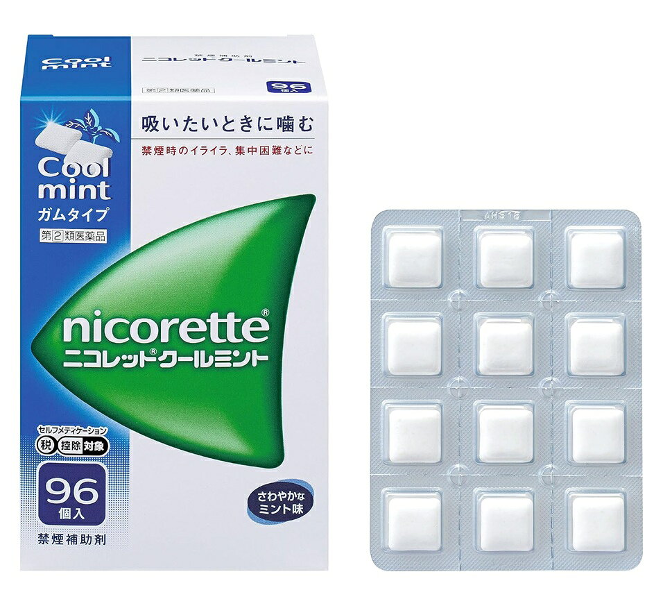 ■ご注意：指定第2類医薬品をご購入の方へ 本品は指定第2類医薬品です。使用上の注意（禁忌）を必ずご確認ください。 ご不明な点がありましたら当店の薬剤師、または登録販売者までご相談ください。 商品名 ニコレット　クールミント 内容量 96個 商品説明 ●ニコレットクールミントはタバコをやめたいと望む人のための医薬品で、禁煙時のイライラ・集中困難などの症状を緩和します。(タバコをきらいにさせる作用はありません) ●使用期間は3ヵ月をめどとし、使用量を徐々に減らすことで、あなたを無理のない禁煙へ導きます。 ●タバコを吸わない人や現在吸っていない人は、身体に好ましくない作用を及ぼしますので使用しないでください。 効能・効果 禁煙時のイライラ・集中困難・落ち着かないなどの症状の緩和 用法・用量 タバコを吸いたいと思ったとき、1回1個をゆっくりと間をおきながら、30～60分間かけてかむ。1日の使用個数は表を目安とし、通常、1日4～12個から始めて適宜増減するが、1日の総使用個数は24個を超えないこと。禁煙になれてきたら（1ヵ月前後）、1週間ごとに1日の使用個数を1～2個ずつ減らし、1日の使用個数が1～2個となった段階で使用をやめる。なお、使用期間は3ヵ月をめどとする。 ●1日の使用量目安(1回1個、1日24個まで) 禁煙前の1日喫煙本数：1日のニコレット 20本以下： 4〜6個 21〜30本： 6〜9個 31本以上： 9〜12個 用法・用量に関連する注意 ・タバコを吸うのを完全に止めて使用すること。 ・1回に2個以上かまないこと（ニコチンが過量摂取され、吐き気、めまい、腹痛などの症状があらわれることがある。）。 ・辛みや刺激感を感じたらかむのを止めて、ほほの内側などに寄せて休ませること。 ・本剤はガム製剤であるので飲み込まないこと。また、本剤が入れ歯などに付着し、脱落・損傷を起こすことがあるので、入れ歯などの歯科的治療を受けたことのある人は、使用に際して注意すること。 ・コーヒーや炭酸飲料などを飲んだ後、しばらくは本剤を使用しないこと（本剤の十分な効果が得られないことがある。）。 ・口内に使用する吸入剤やスプレー剤とは同時に使用しないこと（口内・のどの刺激感、のどの痛みなどの症状を悪化させることがある。）。 成分・分量 1個中、次の成分を含有する。 ニコチン　2mg 添加物として、イオン交換樹脂、キシリトール、アセスルファムカリウム、炭酸水素ナトリウム、炭酸ナトリウム、酸化マグネシウム、タルク、ハッカ油、ℓ-メントール、アラビアゴム末、酸化チタン、カルナウバロウ、 炭酸カルシウム、ジブチルヒドロキシトルエン、その他9成分を含有します。 使用上の注意 してはいけないこと (守らないと現在の症状が悪化したり、副作用が起こりやすくなる) 1.次の人は使用しないこと (1)非喫煙者〔タバコを吸ったことのない人及び現在タバコを吸っていない人〕(吐き気、めまい、腹痛などの症状があらわれることがある。) (2)すでに他のニコチン製剤を使用している人 (3)妊婦又は妊娠していると思われる人 (4)重い心臓病を有する人 1)3ヵ月以内に心筋梗塞の発作を起こした人 2)重い狭心症と医師に診断された人 3)重い不整脈と医師に診断された人 (5)急性期脳血管障害(脳梗塞、脳出血等)と医師に診断された人 (6)うつ病と医師に診断された人 (7)本剤又は本剤の成分によりアレルギー症状(発疹・発赤、かゆみ、浮腫等)を起こしたことがある人 (8)あごの関節に障害がある人 2.授乳中の人は本剤を使用しないか、本剤を使用する場合は授乳を避けること (母乳中に移行し、乳児の脈が速まることが考えられる。) 3.本剤を使用中あるいは使用直後に次のことをしないこと (1)喫煙 (2)ニコチンパッチ製剤の使用 4.6ヵ月を超えて使用しないこと 相談すること 1.次の人は使用前に医師、歯科医師、薬剤師又は登録販売者に相談すること (1)医師又は歯科医師の治療を受けている人 (2)他の薬を使用している人 (他の薬の作用に影響を与えることがある。) (3)高齢者及び20歳未満の人 (4)薬などによりアレルギー症状を起こしたことがある人 (5)次の症状のある人 腹痛、胸痛、口内炎、のどの痛み・のどのはれ (6)次の診断を受けた人 心臓疾患(心筋梗塞、狭心症、不整脈)、脳血管障害(脳梗塞、脳出血等)、バージャー病(末梢血管障害)、高血圧、甲状腺機能障害、褐色細胞腫又はパラガングリオーマ、糖尿病(インスリン製剤を使用している人)、咽頭炎、食道炎、胃・十二指腸潰瘍、肝臓病、腎臓病(症状を悪化させたり、現在使用中の薬の作用に影響を与えることがある。)、てんかん 2.使用後、次の症状があらわれた場合は副作用の可能性があるので、直ちに使用を中止し、添付文書を持って医師、薬剤師又は登録販売者に相談すること [関係部位：症状] 口・のど：口内炎、のどの痛み 消化器：吐き気・嘔吐、腹部不快感、胸やけ、食欲不振、下痢 皮膚：発疹・発赤、かゆみ 精神神経系：頭痛、めまい、思考減退、眠気 循環器：動悸 その他：胸部不快感、胸部刺激感、顔面潮紅、顔面浮腫、気分不良 3.使用後、次のような症状があらわれることがあるので、このような症状の持続又は増強が見られた場合には、使用を中止し、添付文書を持って医師、歯科医師、薬剤師又は登録販売者に相談すること (1)口内・のどの刺激感、舌の荒れ、味の異常感、唾液増加、歯肉炎 (ゆっくりかむとこれらの症状は軽くなることがある。) (2)あごの痛み (他に原因がある可能性がある。) (3)しゃっくり、げっぷ 4.誤って定められた用量を超えて使用したり、小児が誤飲した場合には、次のような症状があらわれることがあるので、その場合には、添付文書を持って直ちに医師、薬剤師又は登録販売者に相談すること 吐き気、唾液増加、腹痛、下痢、発汗、頭痛、めまい、聴覚障害、全身脱力(急性ニコチン中毒の可能性がある。) 5.3ヵ月を超えて継続する場合は、添付文書を持って医師、薬剤師又は登録販売者に相談すること (長期・多量使用によりニコチン依存が本剤に引き継がれることがある。) 発売元・メーカー JNTLコンシューマーヘルス株式会社 東京都渋谷区広尾1-1-39 お客様相談室 0120-101110 受付時間：9：00～17：00(土・日・祝日を除く) 区分・原産国 第(2)類医薬品・日本 広告文責 株式会社ライズコーポレーション TEL:03-5542-1285