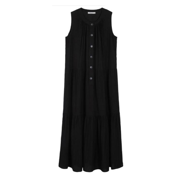 ワンピース レディース シャツワンピース ギャザーワンピース フレアワンピース Aライン ティアードワンピース ロングワンピ ノースリーブ 袖なし 夏服 ゆったり ノースリーブロングシャツワンピース 黒 ブラック 体型カバー