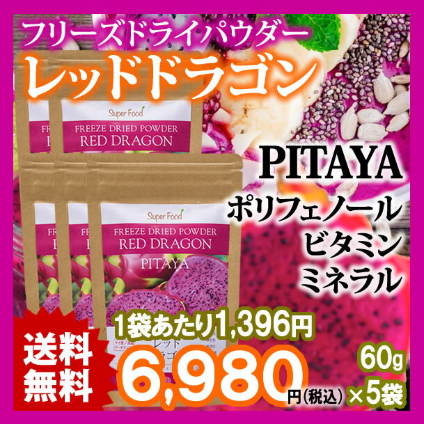 レッドドラゴンフルーツ ピタヤパウダー 60g 5袋 フリーズドライ タイ産 Red Dragon Fruit Freeze Dried Powder PITAYA