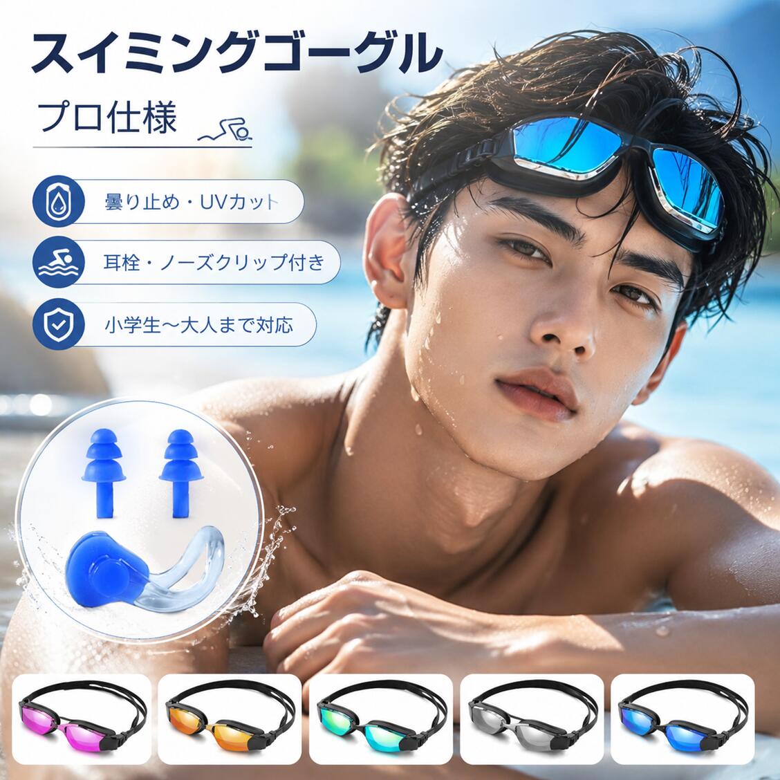 100％UV保護紫外線から目をしっかり守る高性能レンズ 防曇コーティングレンズ曇りにくく、常にクリアな視界をキープ 飛散防止ポリカーボネートレンズ衝撃に強く安全性の高い素材を採用 快適シリコンクッション柔らかい密着設計で長時間でも痛くなりにくい 調節可能ヘッドストラップしっかりフィットしズレにくい安心設計 クイックリリースクリップワンクリックで簡単に調整可能 高密封シリコン設計水の侵入を防ぎ快適なフィット感を実現 3種類ノーズブリッジ付属顔に合わせて細かく調整可能 セット内容 水泳ゴーグル×1 保護ケース×1 耳栓×1セット ノーズクリップ×1 ノーズブリッジ×3 使用・メンテナンス注意 ・レンズはこすらず水で優しく洗浄 ・使用後は真水で洗い自然乾燥 ・直射日光を避けて保管 ・曇り止め効果は使用環境により低下する場合あり