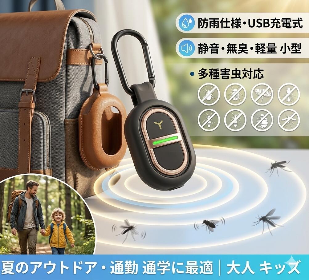 USB充電式 超音波虫よけ器 カラビナ付き 防雨 静音 軽量 1～4個 通勤・通学・キャンプ