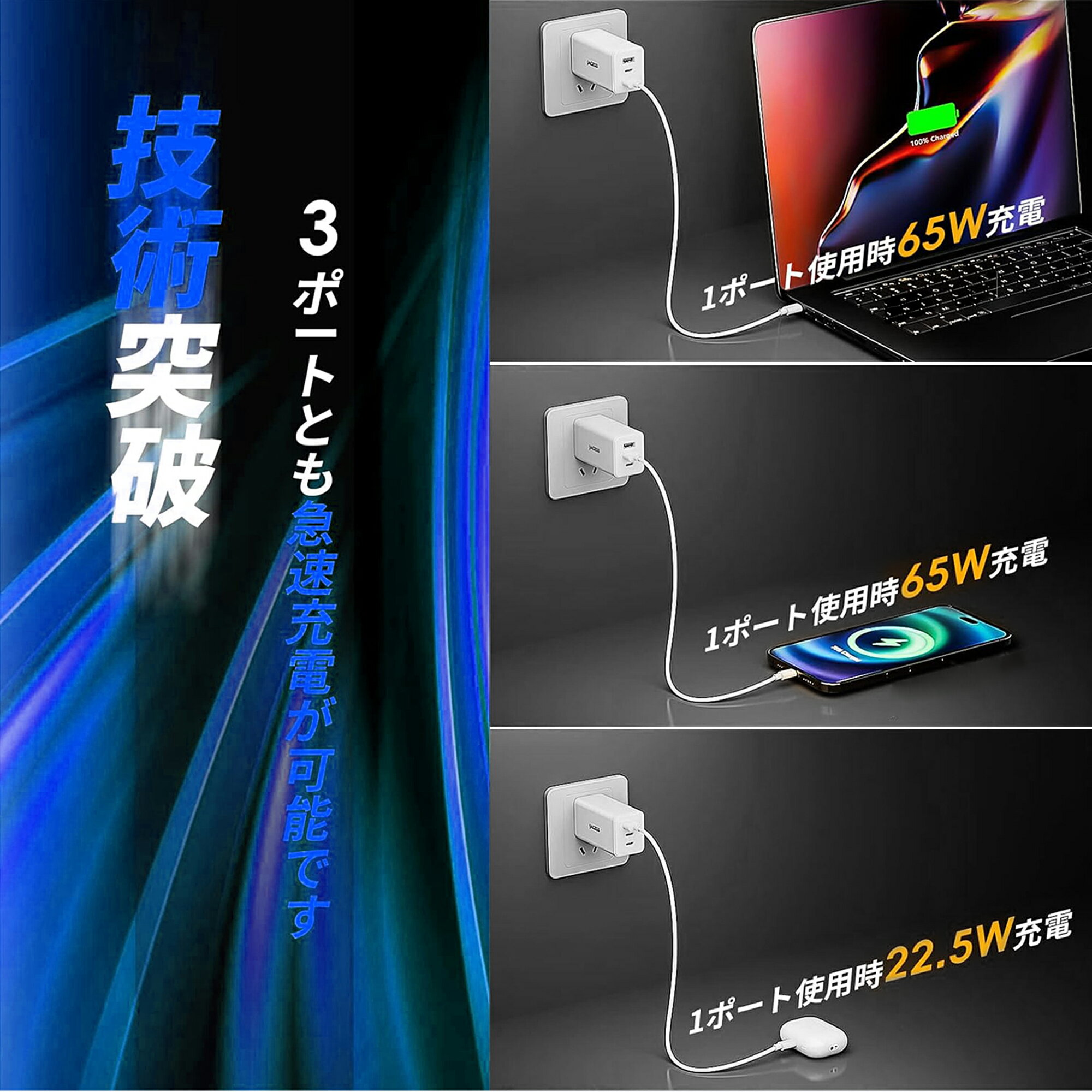 �����������ò�������3�ݡ��ȡ�30ʬ��80���š�Ķ��®���š۽��Ŵ� 65W USB PD ���Ŵ� iPhone Pro ��®���Ŵ� iPad GaN 3�ݡ��� Pro AC�����ץ��� USB-C MacBook Galaxy ���󥻥�� Android type-c ���ޥ� PC ��® ���Ŵ� Type-C �Ρ��ȥѥ�����