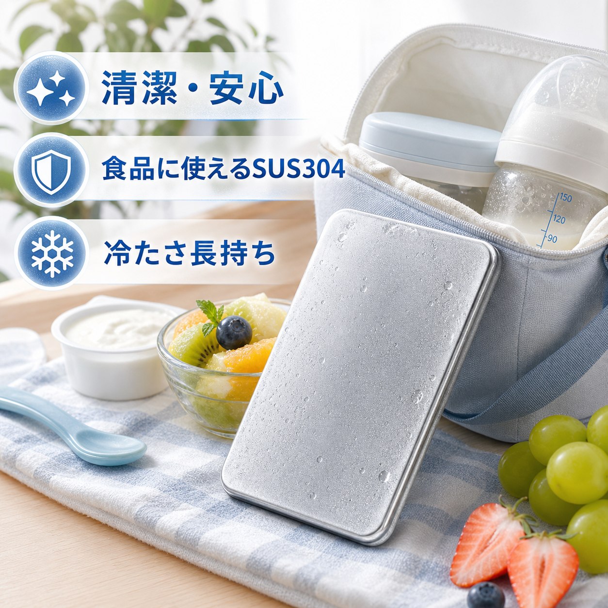 商品名 SUS304ステンレス製 高伝導保冷剤 特徴 【】室温26℃環境下での検証では、一般的な保冷剤と比べ、12時間後の温度差が約9.9℃！冷たさが長持ちし、食材・飲料の鮮度をしっかりキープします。 【約2.5倍の冷却スピード】高伝導ステンレスで瞬間冷却！従来品よりも早く一気に冷やし、長時間冷感をキープします。 【安心・安全設計】SUS304ステンレス採用！サビに強く、ニオイ移りしにくいので、食品と一緒でも安心して使えます。 【結露しにくく使いやすい】パクっとつかみ、結露しにくい設計。バックやクーラーボックス内が濡れる心配がなく、いつでも快適に使えます。 【繰り返し使えて経済的】食洗機対応で汚れが落ちやすく、清潔に保てます。何度も繰り返し使えるのでエコで経済的です。 こんな方におすすめ お弁当の鮮度が気になる方 通勤・通学・運動会・キャンプ・釣り・BBQを楽しむ方 お買い物後の生鮮食品の鮮度保持に スポーツや部活動の暑さ対策に 停電時や災害備蓄用に常備したい方 結露でバッグが濡れるのが嫌な方 仕様 ・素材：SUS304ステンレス ・サイズ：約17.5cm × 高さ11.5cm ・重量：約463g ・保冷持続時間：最大約6時間（室温26℃環境下） ・冷却時間：約4時間以上冷やしてご使用ください ・対応：冷凍・冷蔵・食洗機 ・繰り返し使用可能 ご使用方法 1. 使用前に水で軽く洗います。 2. 冷凍庫で約4時間以上しっかり冷やします。 3. 保冷バッグやランチボックスに入れて使用します。 4. 冷たさをキープしておいしく楽しみましょう。 ※使用後は水で洗い、よく乾かしてから冷凍庫へ戻すと、清潔に長くご使用いただけます。