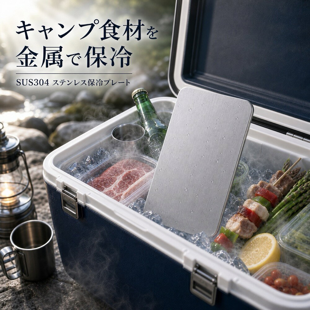商品名SUS304ステンレス保冷プレート本ページのセット内容単品材質SUS304ステンレスサイズ約17.5cm × 約11.5cm（1枚あたり）重量約463g（1枚あたり）使用方法冷凍庫で冷やしてから、保冷バッグ・クーラーボックス・弁当箱などの近くに入れて使用してください。お手入れ使用後は水洗いし、水気を拭き取ってよく乾かしてください。カラーシルバー【キャンプに、 金属保冷。】キャンプやBBQの食材バッグに添えやすいSUS304ステンレス保冷プレート。【使用シーン】食材バッグ＋プレート【ご注意】保冷効果は使用環境、バッグの断熱性、外気温、内容物により異なります。食品の状態維持を確約するものではありません。電子レンジ、直火、食洗機では使用しないでください。落下や強い衝撃にご注意ください。
