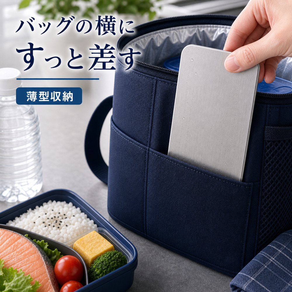 商品名SUS304ステンレス保冷プレート本ページのセット内容単品材質SUS304ステンレスサイズ約17.5cm × 約11.5cm（1枚あたり）重量約463g（1枚あたり）使用方法冷凍庫で冷やしてから、保冷バッグ・クーラーボックス・弁当箱などの近くに入れて使用してください。お手入れ使用後は水洗いし、水気を拭き取ってよく乾かしてください。カラーシルバー【ドリンク横に、 薄型一枚。】缶や紙パック、ボトルのすき間に添えやすいSUS304ステンレス保冷プレート。【使用シーン】ドリンク横の一枚【ご注意】保冷効果は使用環境、バッグの断熱性、外気温、内容物により異なります。食品の状態維持を確約するものではありません。電子レンジ、直火、食洗機では使用しないでください。落下や強い衝撃にご注意ください。