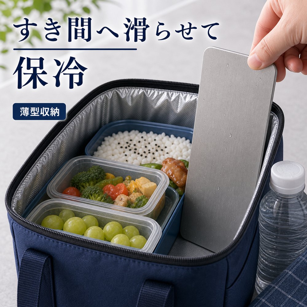 商品名SUS304ステンレス保冷プレート本ページのセット内容単品材質SUS304ステンレスサイズ約17.5cm × 約11.5cm（1枚あたり）重量約463g（1枚あたり）使用方法冷凍庫で冷やしてから、保冷バッグ・クーラーボックス・弁当箱などの近くに入れて使用してください。お手入れ使用後は水洗いし、水気を拭き取ってよく乾かしてください。カラーシルバー【手に伝わる、 金属の存在感。】手に持った時のしっかりした金属質感を見せやすいSUS304保冷プレート。【使用シーン】手持ちの質感【ご注意】保冷効果は使用環境、バッグの断熱性、外気温、内容物により異なります。食品の状態維持を確約するものではありません。電子レンジ、直火、食洗機では使用しないでください。落下や強い衝撃にご注意ください。