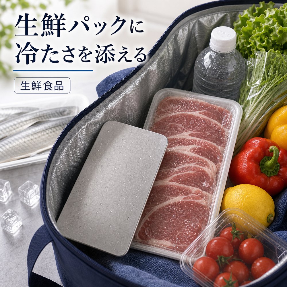 商品名SUS304ステンレス保冷プレート本ページのセット内容単品材質SUS304ステンレスサイズ約17.5cm × 約11.5cm（1枚あたり）重量約463g（1枚あたり）使用方法冷凍庫で冷やしてから、保冷バッグ・クーラーボックス・弁当箱などの近くに入れて使用してください。お手入れ使用後は水洗いし、水気を拭き取ってよく乾かしてください。カラーシルバー【梅雨買い物に、 一枚。】梅雨の蒸し暑い日の買い物バッグに添えやすいSUS304保冷プレート。【使用シーン】食品バッグに一枚【ご注意】保冷効果は使用環境、バッグの断熱性、外気温、内容物により異なります。食品の状態維持を確約するものではありません。電子レンジ、直火、食洗機では使用しないでください。落下や強い衝撃にご注意ください。