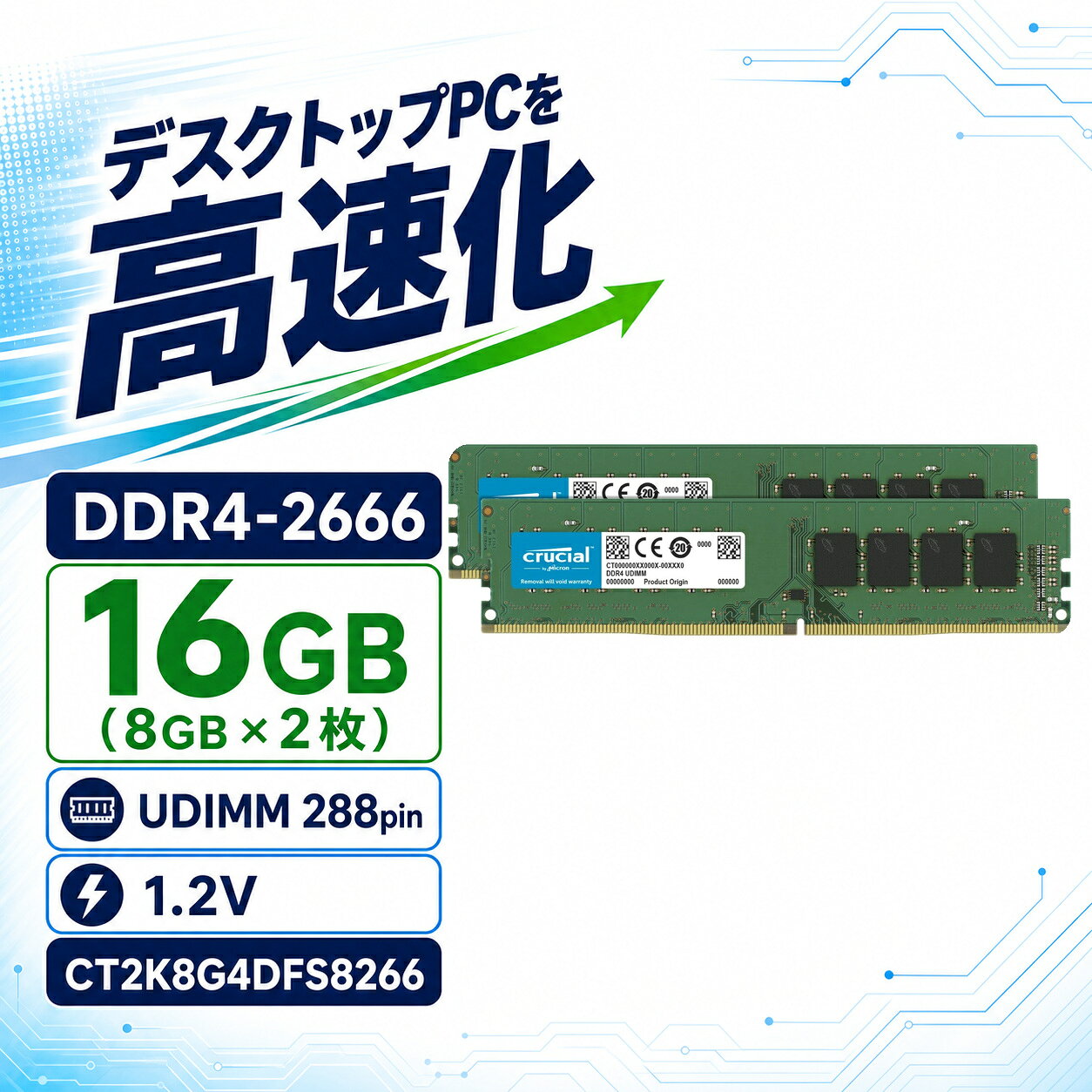 Crucial デスクトップPC用メモリ 16GB 8GB×2 DDR4-2666 PC4-21300 CL19 UDIMM 288pin CT2K8G4DFS8266