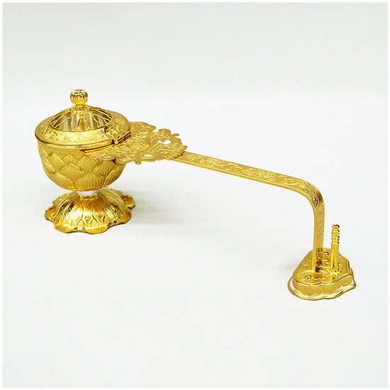 【仏具】 打物製落とし付柄香炉　上等品　丁番付　金メッキ仕上げ　 全長31cm　口径8cm柄香炉 銅製 仏具 京都 送料無料