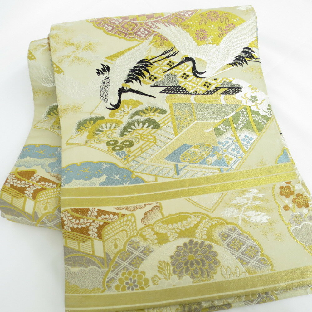 アンティーク丸帯 向い鶴 松 花 ベージュ レトロ 希少品 リメイクに インテリア パステルカラー