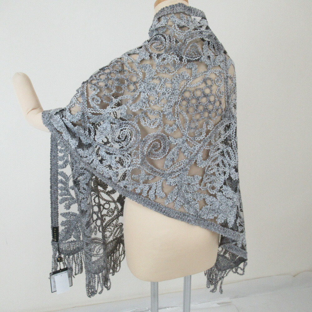 ショール 無月刺繍 奄美大島 泥染絣系 シルク 灰色x白x薄赤色 和装や洋装に 175cmx60cm 美品のサムネイル