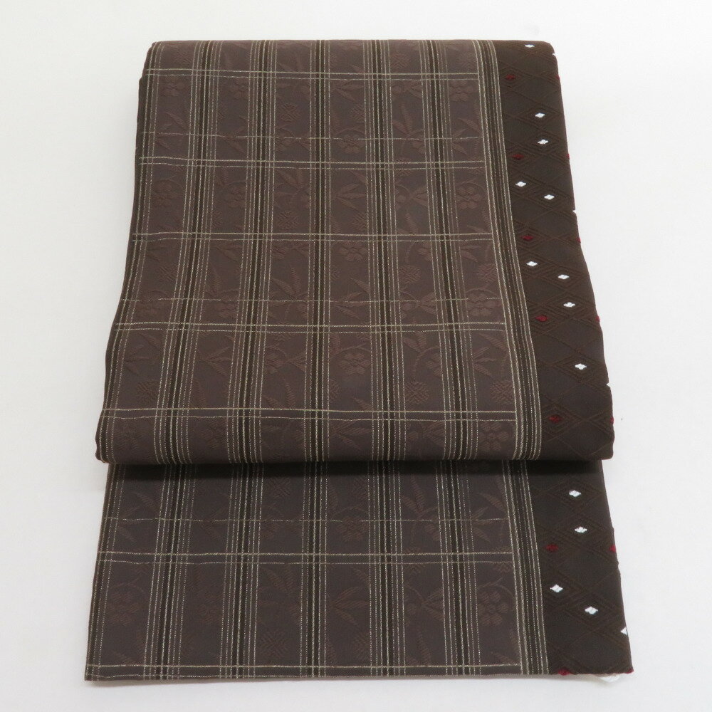 袋帯 松竹梅唐草 正絹 茶色 六通柄 仕立て上がり カジュアル 着物帯 長さ436cm【中古】