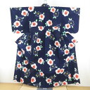 浴衣 女性用 花柄 紺色x白色xオレンジ色 綿 夏物 レディース 仕立て上がり 身丈156cm【中古】