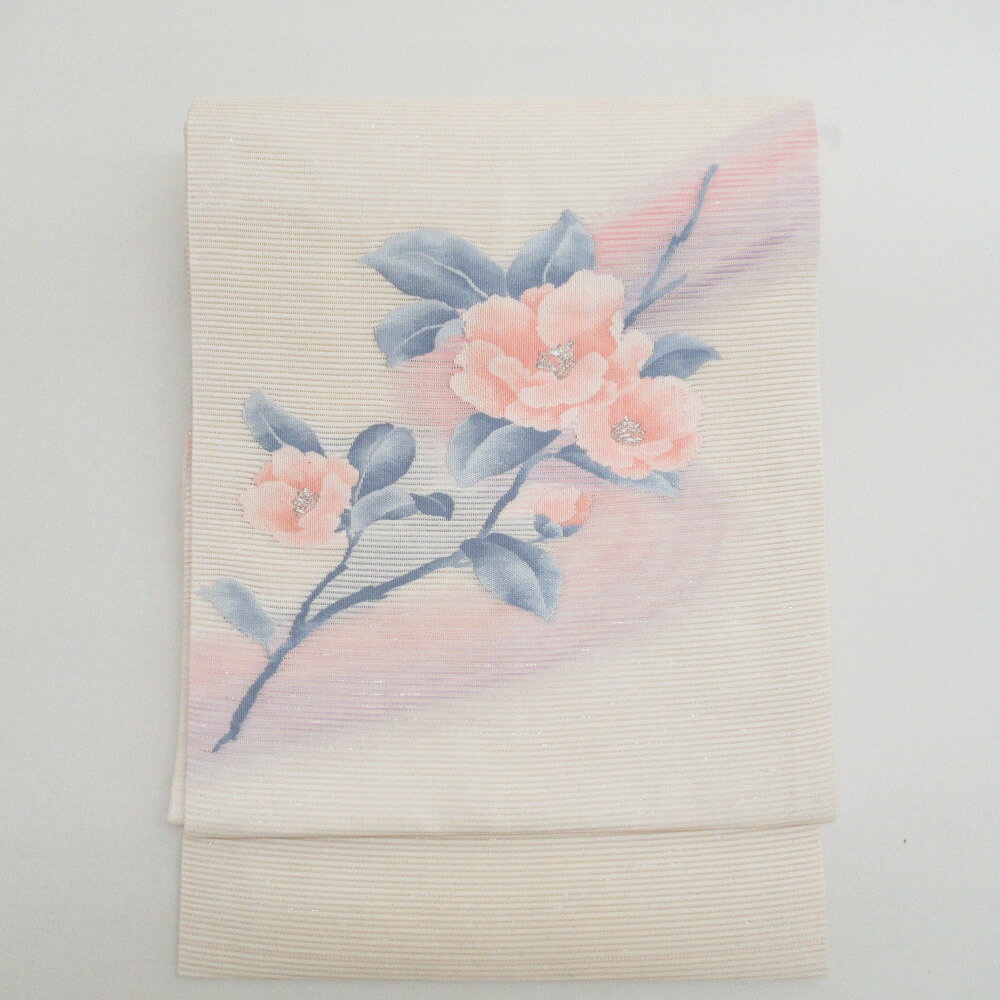 Rakuten - 名古屋帯 絽 夏用 花文様 クリーム色x薄ピンクx薄紫色 パステル計 銀糸 ラメ入り お太鼓柄 芯入り仕立て 正絹 着物帯 長さ353cm【中古】