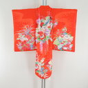 子供着物 女の子用 一つ身 襦袢とセット オレンジ色x多色 花々文様 フォーマル 女児 七五三 祝着 子供きもの 身丈94cm【中古】
