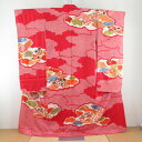振袖 正絹 赤色x白色x多色 刺繍入り 金銀コマ 絞り 扇面に花紋様 袷 広衿 成人式 卒業式 舞台衣装 フォーマル 仕立上り 着物 身丈163cm