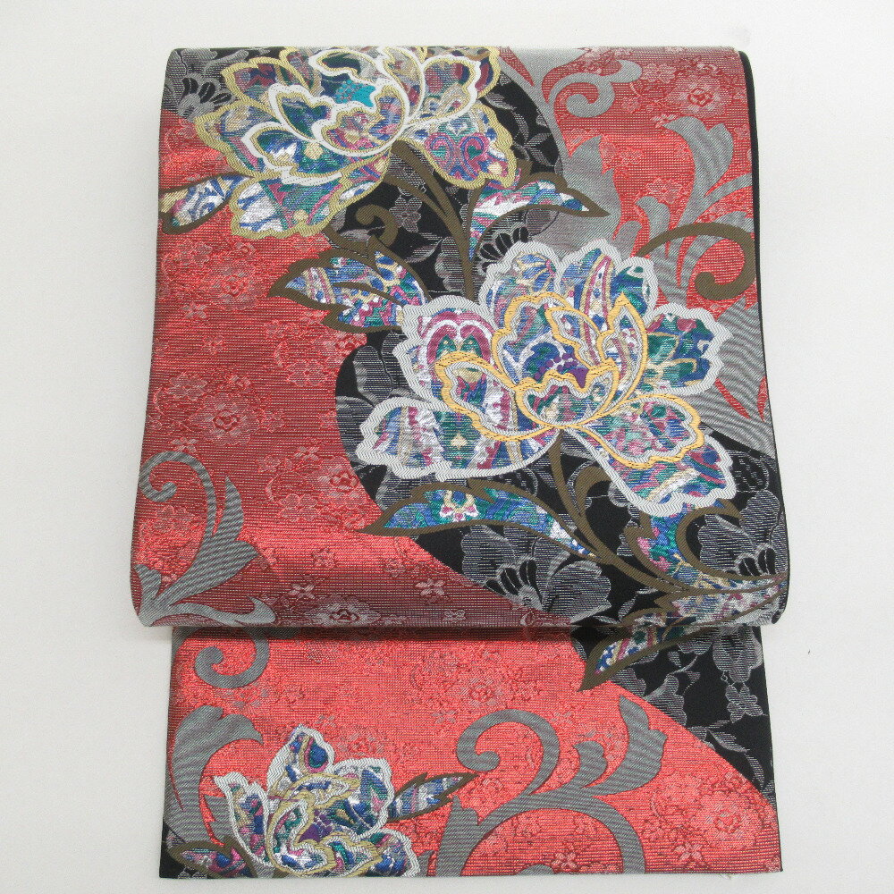 袋帯 振袖用 正絹 バルセロナの華 草花模様 赤x黒x多色 金糸銀糸 六通柄 フォーマル 仕立て上がり 着物帯 長さ55cm【中古】