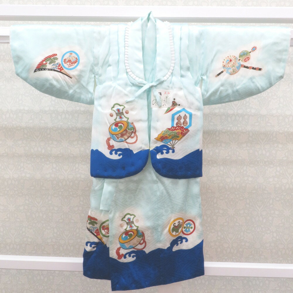 子供着物 男児用 子供きもの＆被布 2点セット 水色 白 青 鷹 宝模様 綿入り ネル 一つ身 正絹 ...