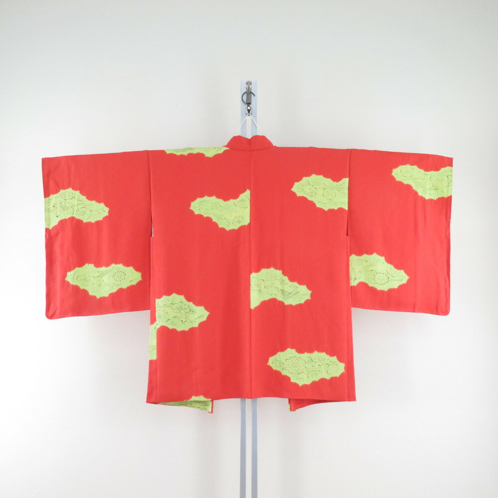 羽織 絞り オレンジ色x黄色 流水に花模様 菱型地文 正絹 着物ジャケット 仕立て上がり 身丈82.5cm【中古】