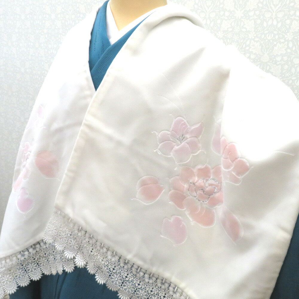 ショール ベルベット レース 白 ピンク 銀 花 レーヨン ちりよけ 防寒 長さ152cm【中古】