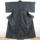 紬 着物 葡萄模様 黒色x青色x黄色 袷 広衿 正絹 仕立て上がり カジュアル 身丈159cm【中古】