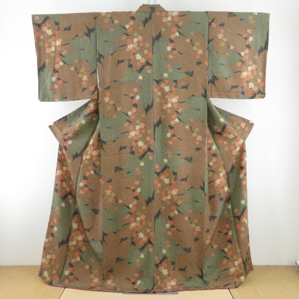小紋 たたき染め 茶色x緑色x黒色 葉っぱ模様 袷 広衿 正絹 仕立て上がり カジュアル着物 身丈163cm