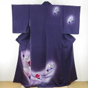 付下げ 薔薇文様 紫色 紋なし 袷 広衿 正絹 仕立て上がり着物 身丈158cm【中古】