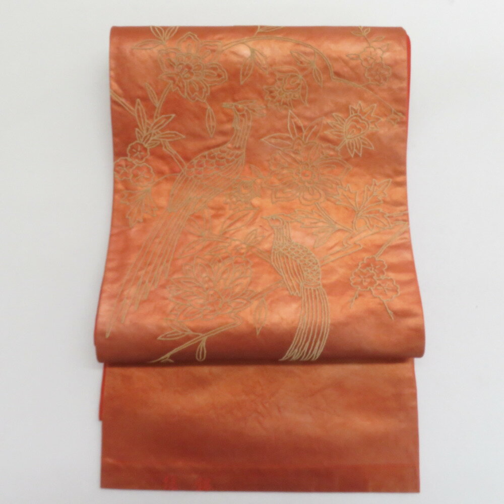Rakuten - 袋帯 洒落袋帯 相良刺繍 お太鼓柄 花鳥紋様 オレンジ色x黄色 正絹 仕立て上がり 長さ432cm【中古】